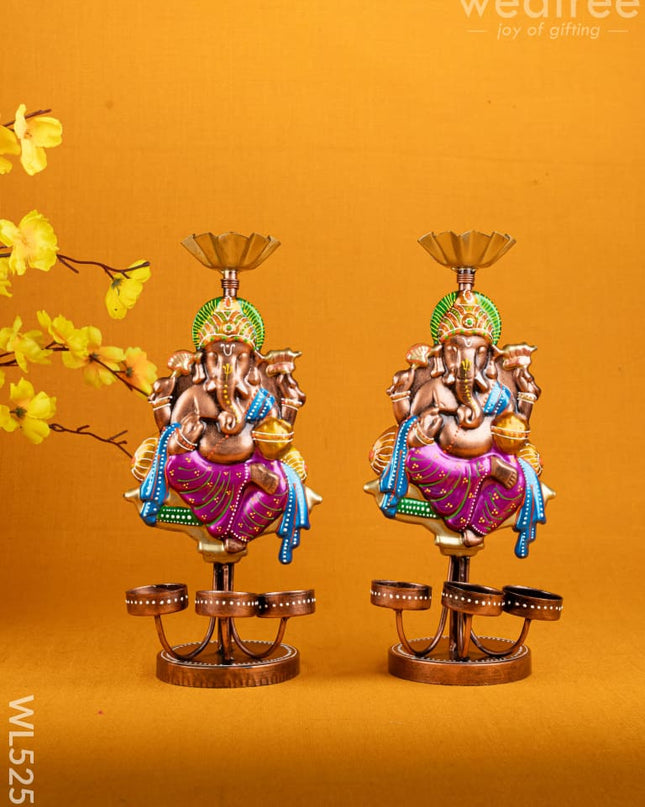Metal Handpainted Ganesha T Light Holder - Set of 2 - WL5257 - Metal Decor Showpiece
