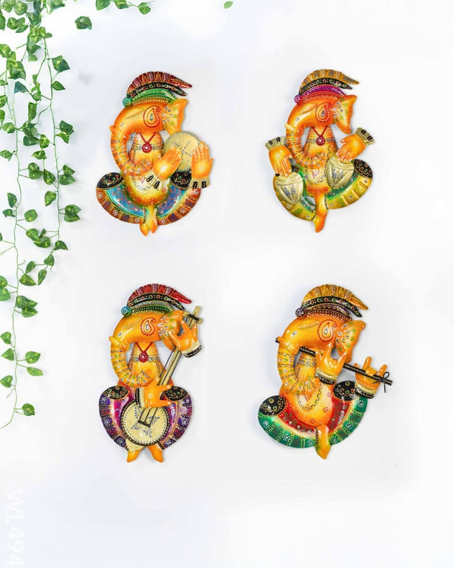Metal Handpainted Ganesha Wall Hanging - 12 inch - Set of 4 - WL4942 Metal Decor Hanging