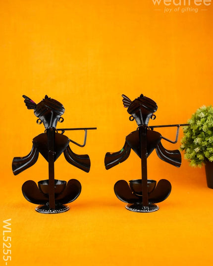 Metal Handpainted Krishna T Light Holder - Set of 2 - WL5255-1 - Metal Decor Showpiece
