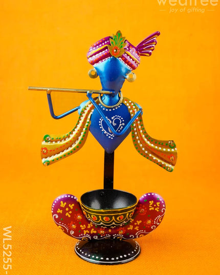 Metal Handpainted Krishna T Light Holder - Set of 2 - WL5255-1 - Metal Decor Showpiece