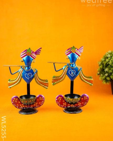 Metal Handpainted Krishna T Light Holder - Set of 2 - WL5255-1 - Metal Decor Showpiece