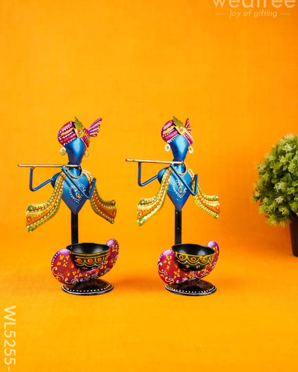 Metal Handpainted Krishna T Light Holder - Set of 2 - WL5255-1 - Metal Decor Showpiece