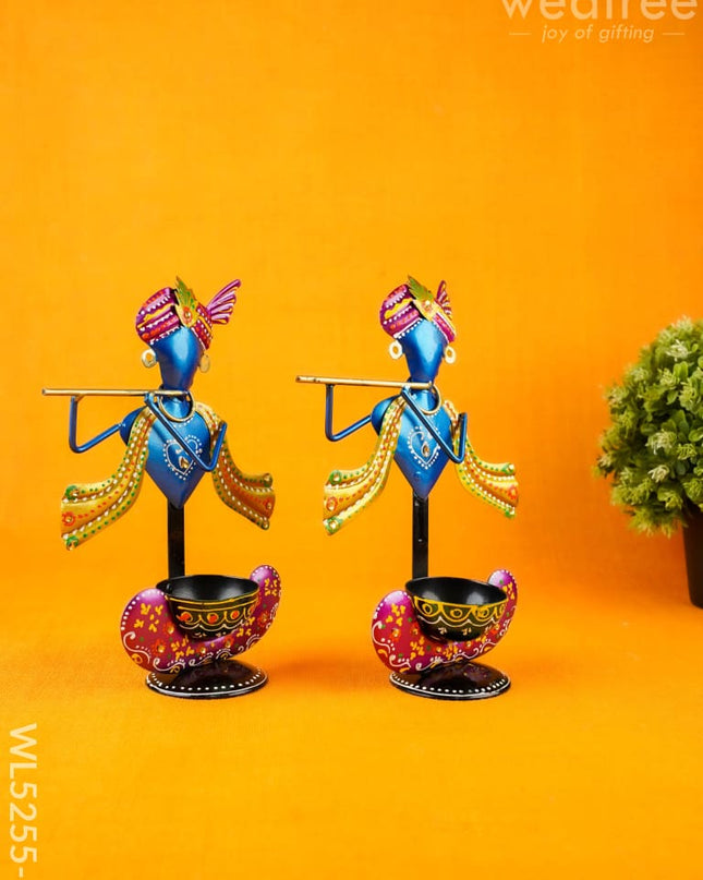 Metal Handpainted Krishna T Light Holder - Set of 2 - WL5255-1 - Metal Decor Showpiece