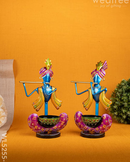 Metal Handpainted Krishna T Light Holder - Set of 2 - WL5255-2 - Metal Decor Showpiece