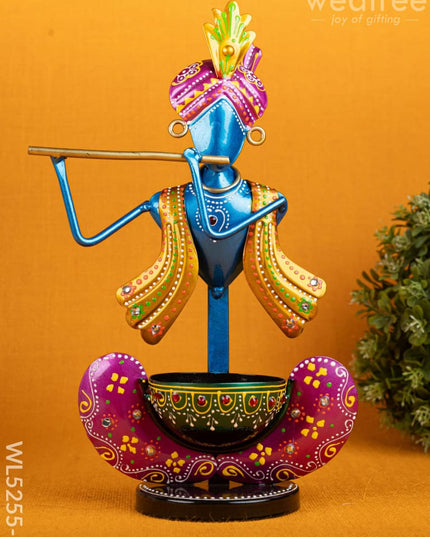 Metal Handpainted Krishna T Light Holder - Set of 2 - WL5255-2 - Metal Decor Showpiece