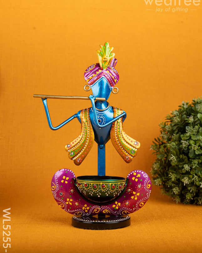 Metal Handpainted Krishna T Light Holder - Set of 2 - WL5255-2 - Metal Decor Showpiece