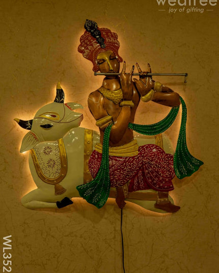 Metal Handpainted Krishna With Cow Wall Hanging - Wl3522 Decor