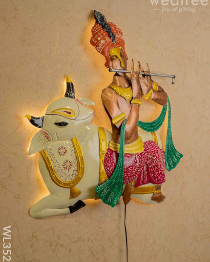 Metal Handpainted Krishna With Cow Wall Hanging - Wl3522 Decor