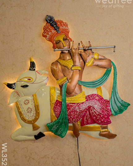 Metal Handpainted Krishna With Cow Wall Hanging - Wl3522 Decor