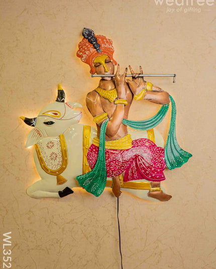 Metal Handpainted Krishna With Cow Wall Hanging - Wl3522 Decor