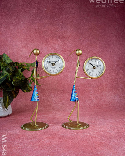Metal Handpainted Lady with Clock - Set of 2 - 12 inch - WL5487 - Metal Decor Showpiece