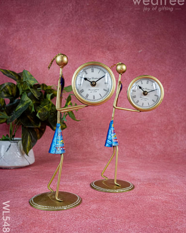 Metal Handpainted Lady with Clock - Set of 2 - 12 inch - WL5487 - Metal Decor Showpiece