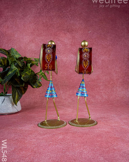 Metal Handpainted Lady with Clock - Set of 2 - 12 inch - WL5487 - Metal Decor Showpiece