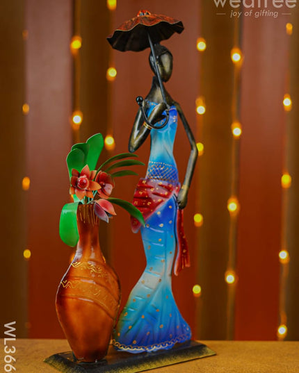 Metal Handpainted Lady With Flower Vase - Wl3660 Decor Showpiece