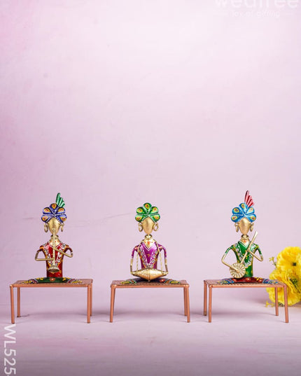 Metal Handpainted Marwari Musician on Chair - Set of 3 - WL5254 - Metal Decor Showpiece