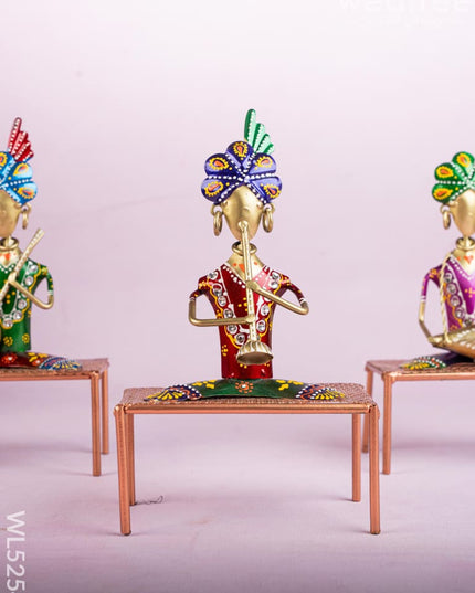 Metal Handpainted Marwari Musician on Chair - Set of 3 - WL5254 - Metal Decor Showpiece