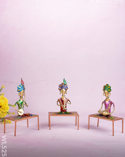 Metal Handpainted Marwari Musician on Chair - Set of 3 - WL5254 - Metal Decor Showpiece