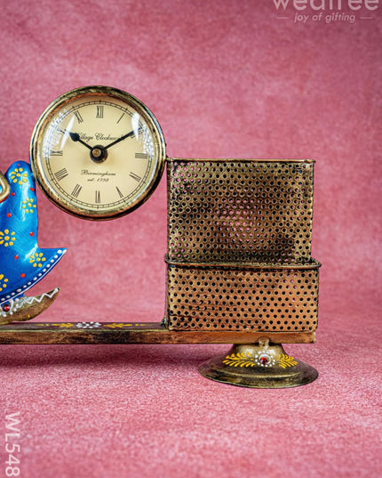 Metal Handpainted Musical Pen Stand with Clock - WL5488 - Metal Decor Showpiece