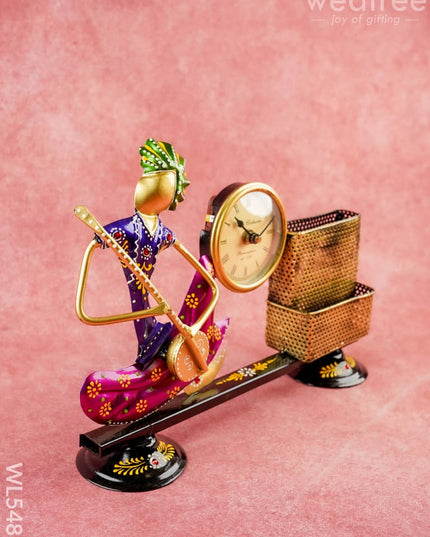 Metal Handpainted Musical Pen Stand with Clock - WL5488 - Metal Decor Showpiece