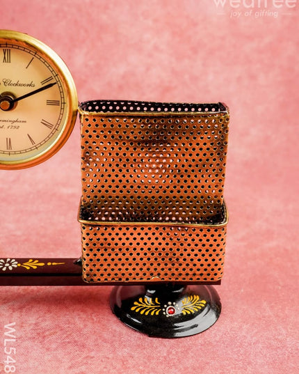 Metal Handpainted Musical Pen Stand with Clock - WL5488 - Metal Decor Showpiece