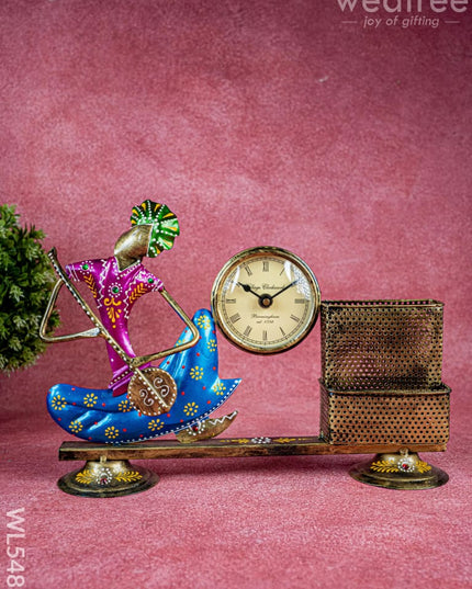 Metal Handpainted Musical Pen Stand with Clock - WL5488 - Metal Decor Showpiece