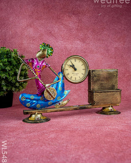 Metal Handpainted Musical Pen Stand with Clock - WL5488 - Metal Decor Showpiece