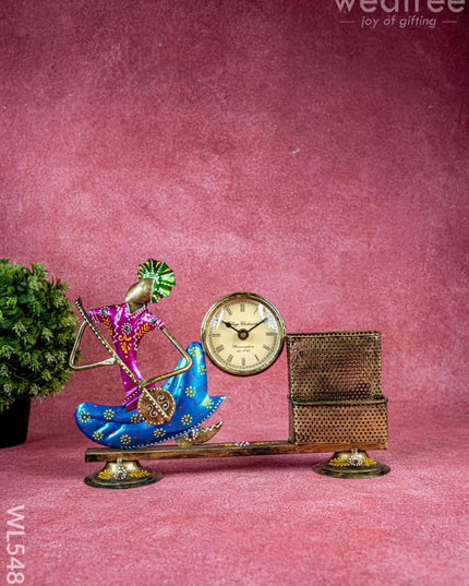Metal Handpainted Musical Pen Stand with Clock - WL5488 - Metal Decor Showpiece