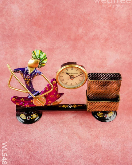 Metal Handpainted Musical Pen Stand with Clock - WL5488 - Metal Decor Showpiece