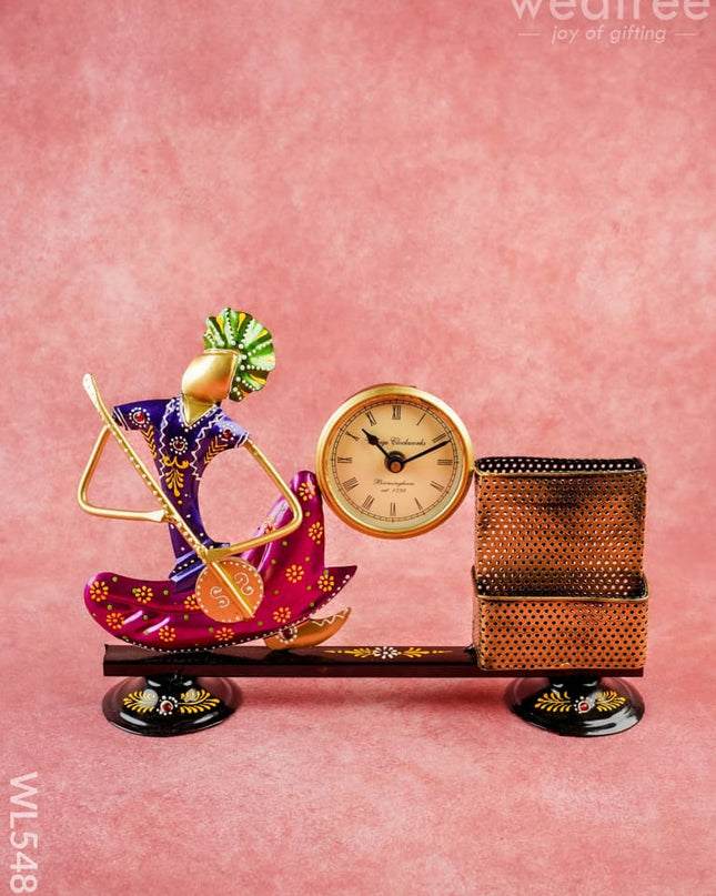 Metal Handpainted Musical Pen Stand with Clock - WL5488 - Metal Decor Showpiece