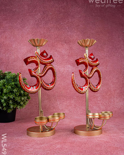 Metal Handpainted Om T Light Holder - Set of 2 - 13 Inch - WL5491 - Metal Decor Showpiece