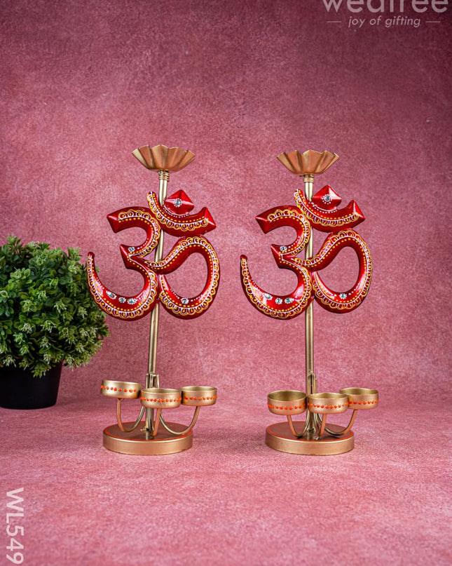 Metal Handpainted Om T Light Holder - Set of 2 - 13 Inch - WL5491 - Metal Decor Showpiece