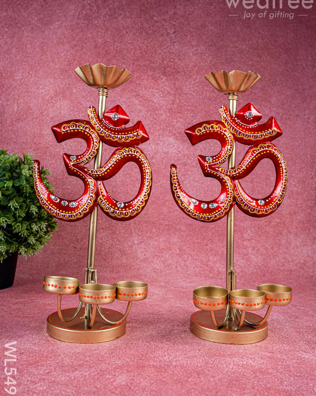 Metal Handpainted Om T Light Holder - Set of 2 - 13 Inch - WL5491 - Metal Decor Showpiece