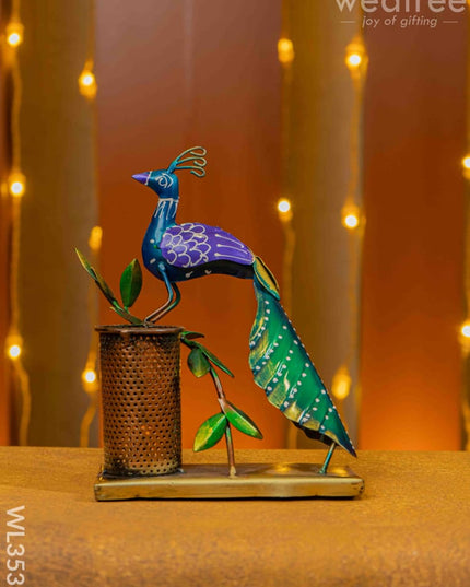 Metal Handpainted Peacock Pen Stand - Wl3531 Decor Utility