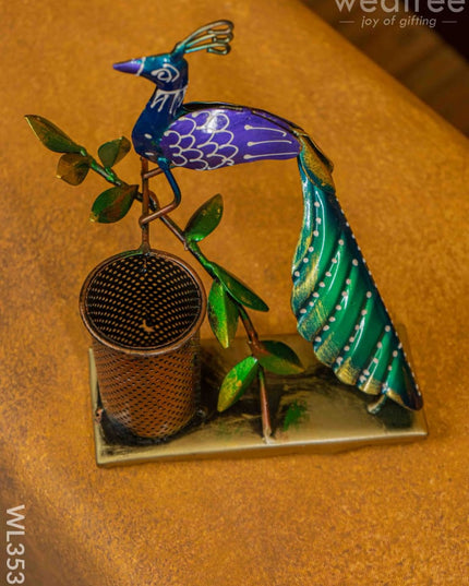 Metal Handpainted Peacock Pen Stand - Wl3531 Decor Utility