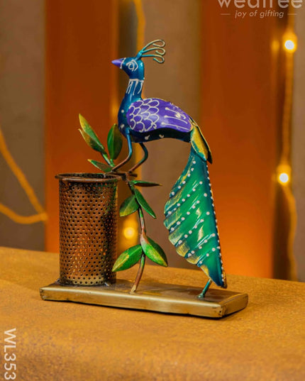 Metal Handpainted Peacock Pen Stand - Wl3531 Decor Utility