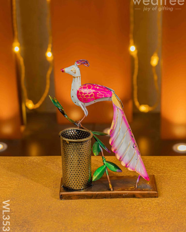 Metal Handpainted Peacock Pen Stand - Wl3531 Decor Utility