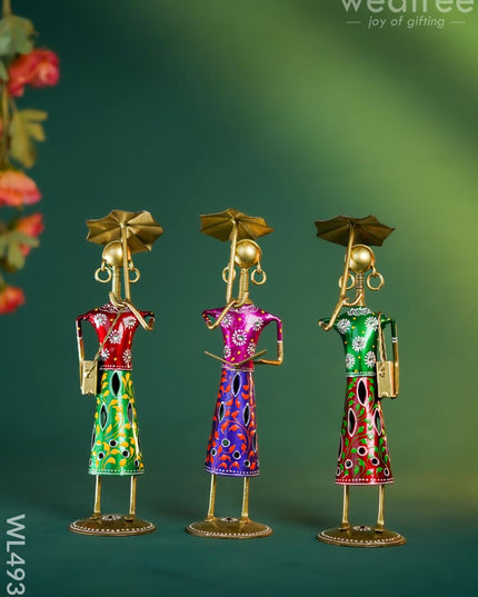 Metal Handpainted Rajasthani with Umbrella - Set of 3 - WL4932 Metal Decor Showpiece