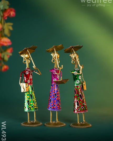 Metal Handpainted Rajasthani with Umbrella - Set of 3 - WL4932 Metal Decor Showpiece