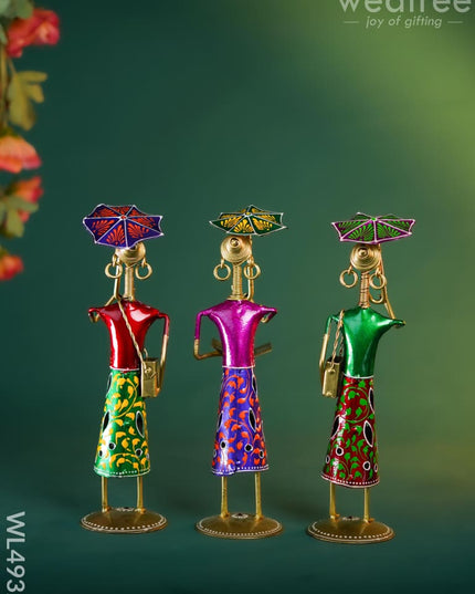 Metal Handpainted Rajasthani with Umbrella - Set of 3 - WL4932 Metal Decor Showpiece