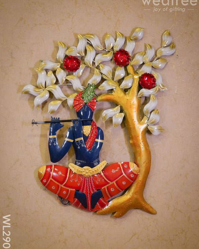 Metal Krishna With Flute & Tree - Wl2905 Decor Hanging