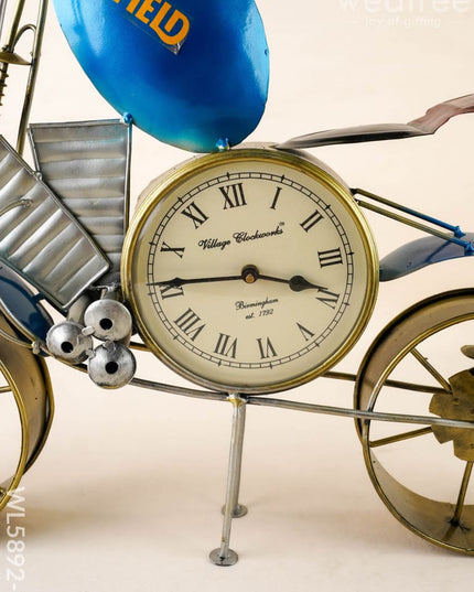 Metal Painted Royal Enfield Bike with Clock - Blue - WL5892-2 - Metal Decor Showpiece