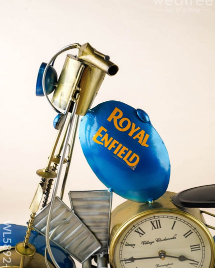 Metal Painted Royal Enfield Bike with Clock - Blue - WL5892-2 - Metal Decor Showpiece