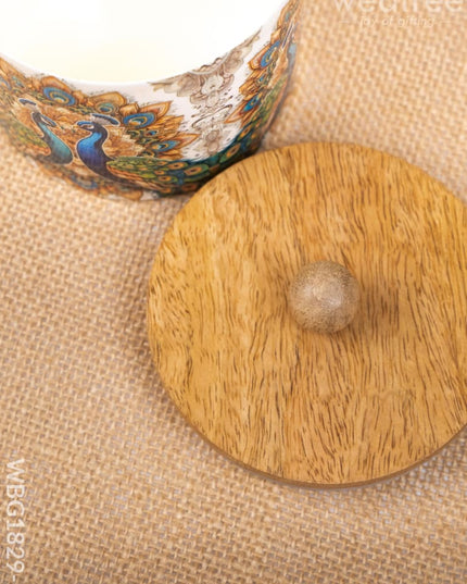 Metal Peacock Design Jar with Wooden Lid - WBG1829-2 - Tin Jars & Boxes RG