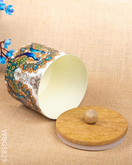 Metal Peacock Design Jar with Wooden Lid - WBG1829-2 - Tin Jars & Boxes RG