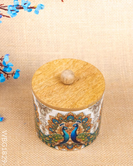 Metal Peacock Design Jar with Wooden Lid - WBG1829-2 - Tin Jars & Boxes RG