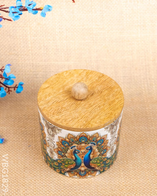Metal Peacock Design Jar with Wooden Lid - WBG1829-2 - Tin Jars & Boxes RG