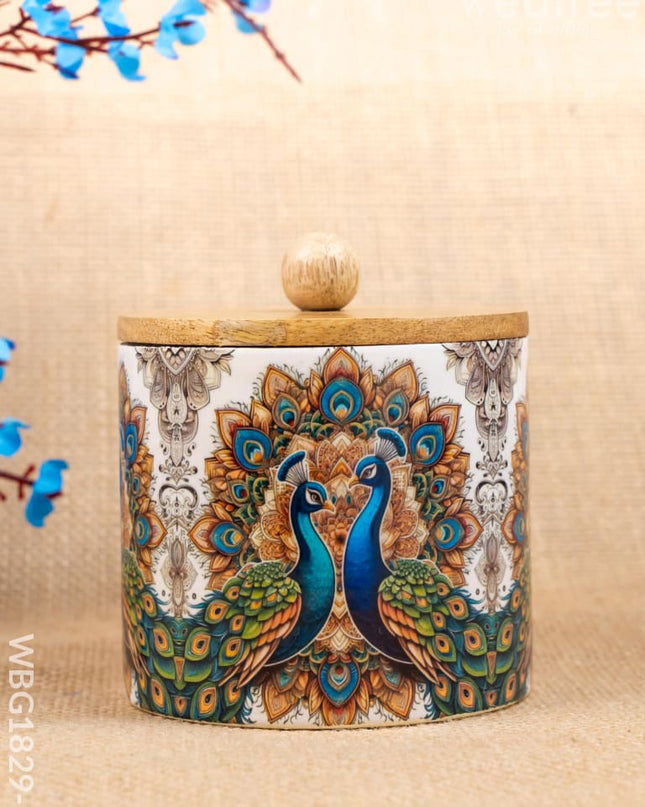 Metal Peacock Design Jar with Wooden Lid - WBG1829-2 - Tin Jars & Boxes RG