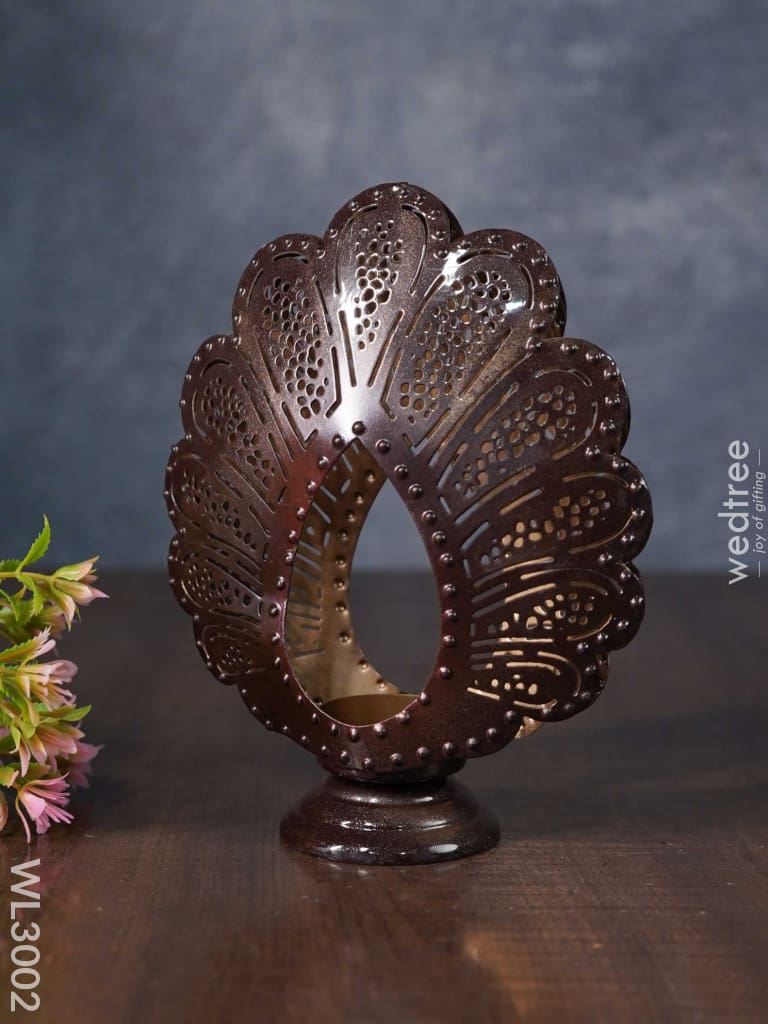 Metal Peacock Feather Shaped T-Light Holder In Distressed Finish - Wl3002 Candles And Votives