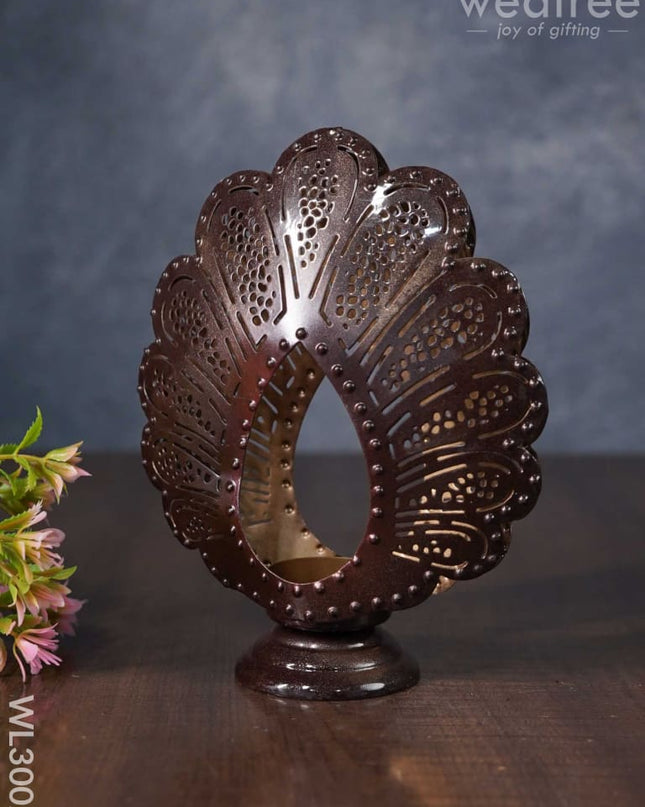 Metal Peacock Feather Shaped T-Light Holder In Distressed Finish - Wl3002 Candles And Votives