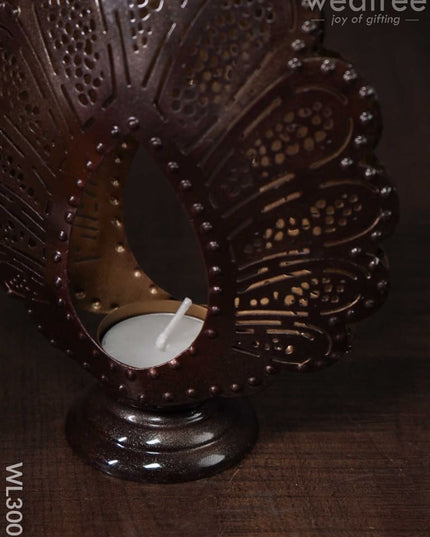 Metal Peacock Feather Shaped T-Light Holder In Distressed Finish - Wl3002 Candles And Votives